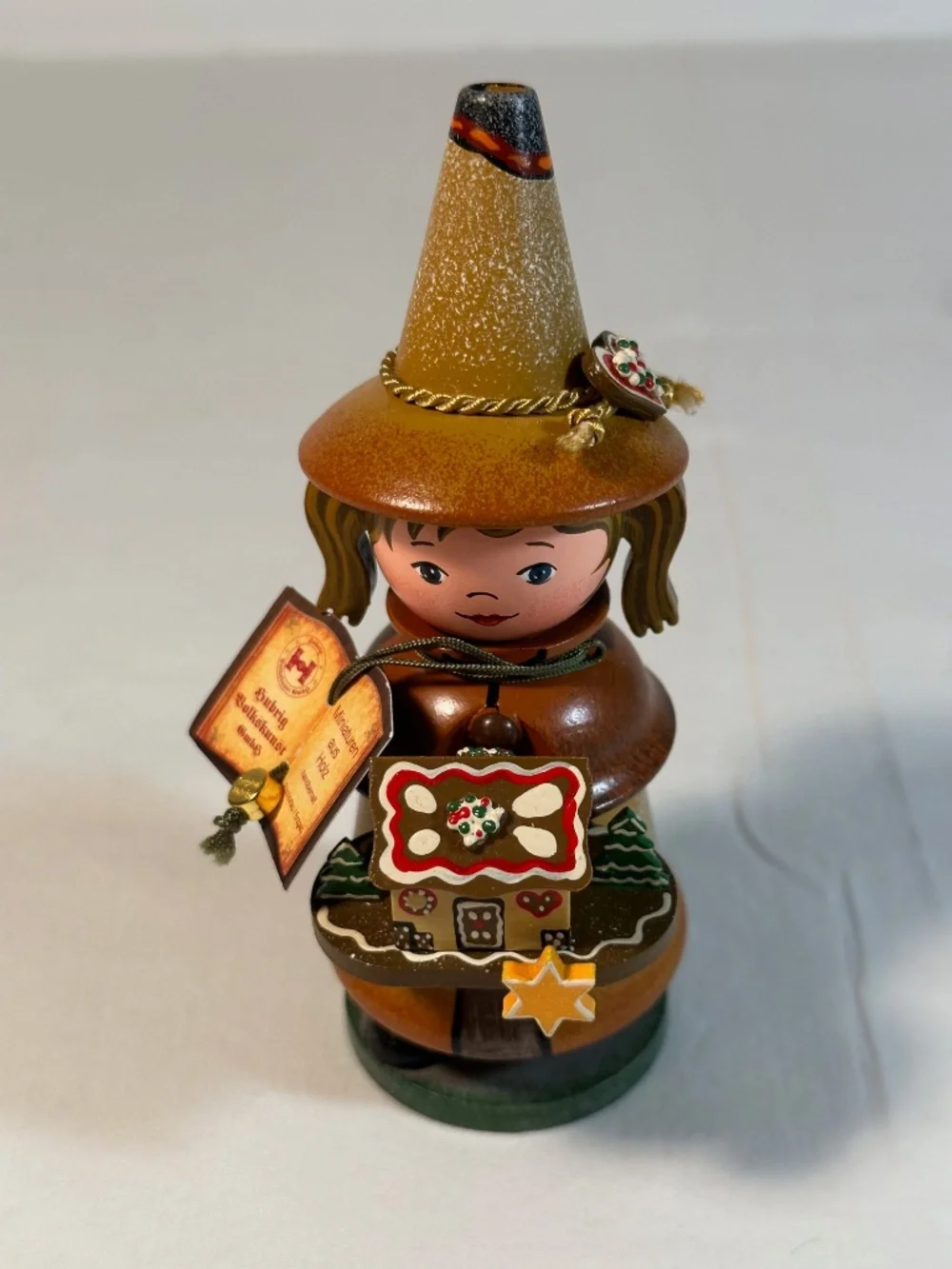 Hubris Volkskunst Swiss Girl w/ Gingerbread House Miniature Smoker w/ Tag
